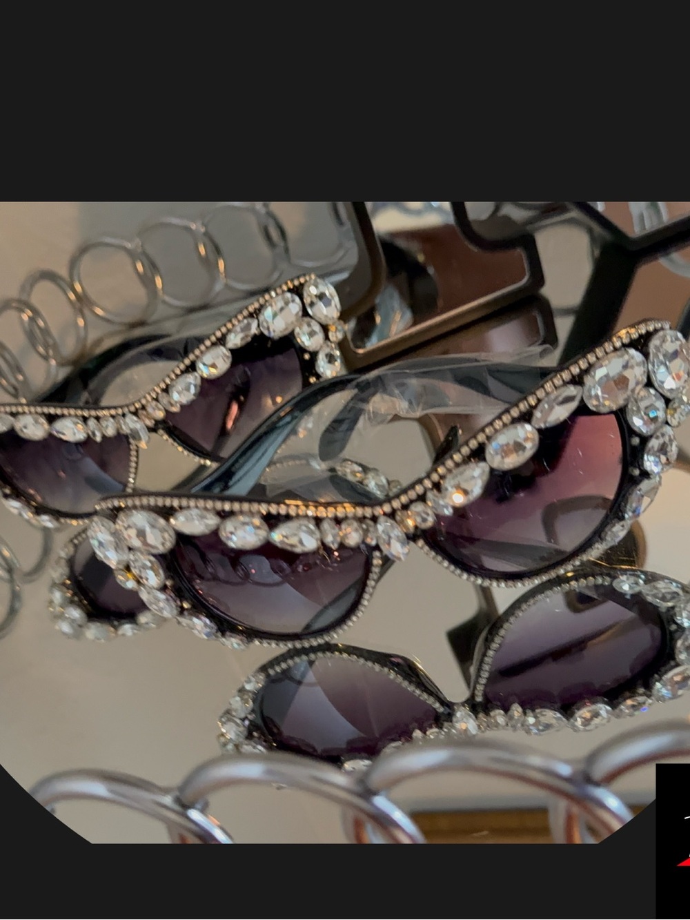 Crystal-Trim Black Cat-Eye Sunglasses with Purple Lenses